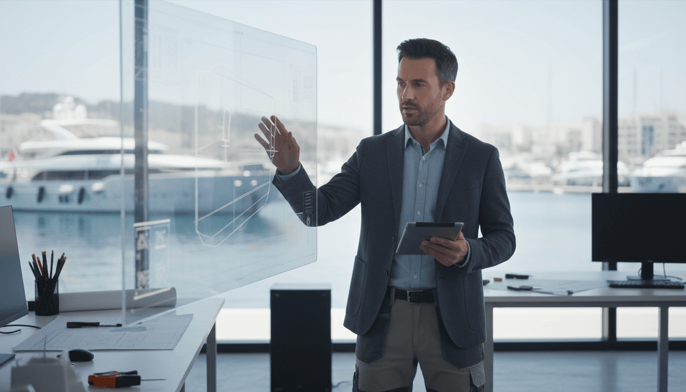 Professional in office with subtle marina background.