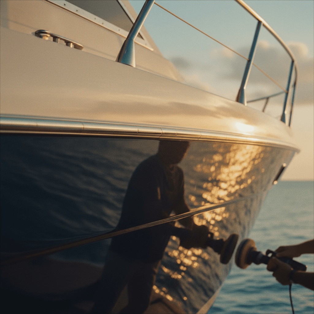 Yacht hull with professional polished finish reflecting sunlight