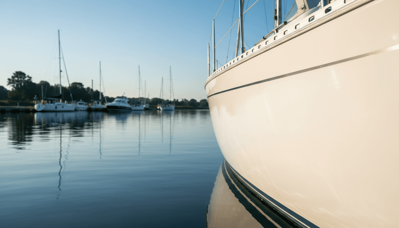 Premium polished yacht gelcoat reflecting sunlight at Hamble-le-Rice mooring