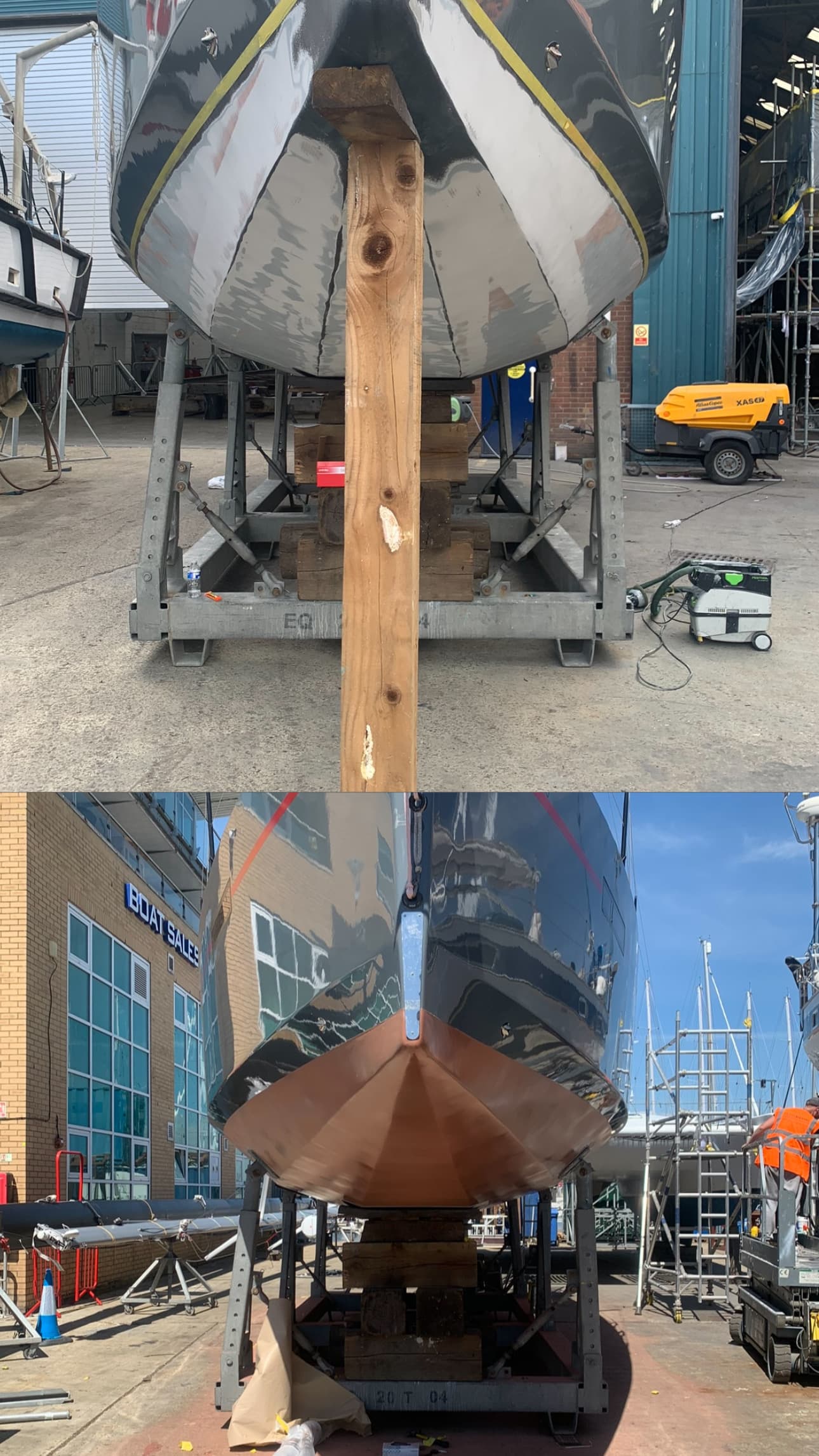 Boat hull in a boatyard, showing sanding preparation and finished antifouling.