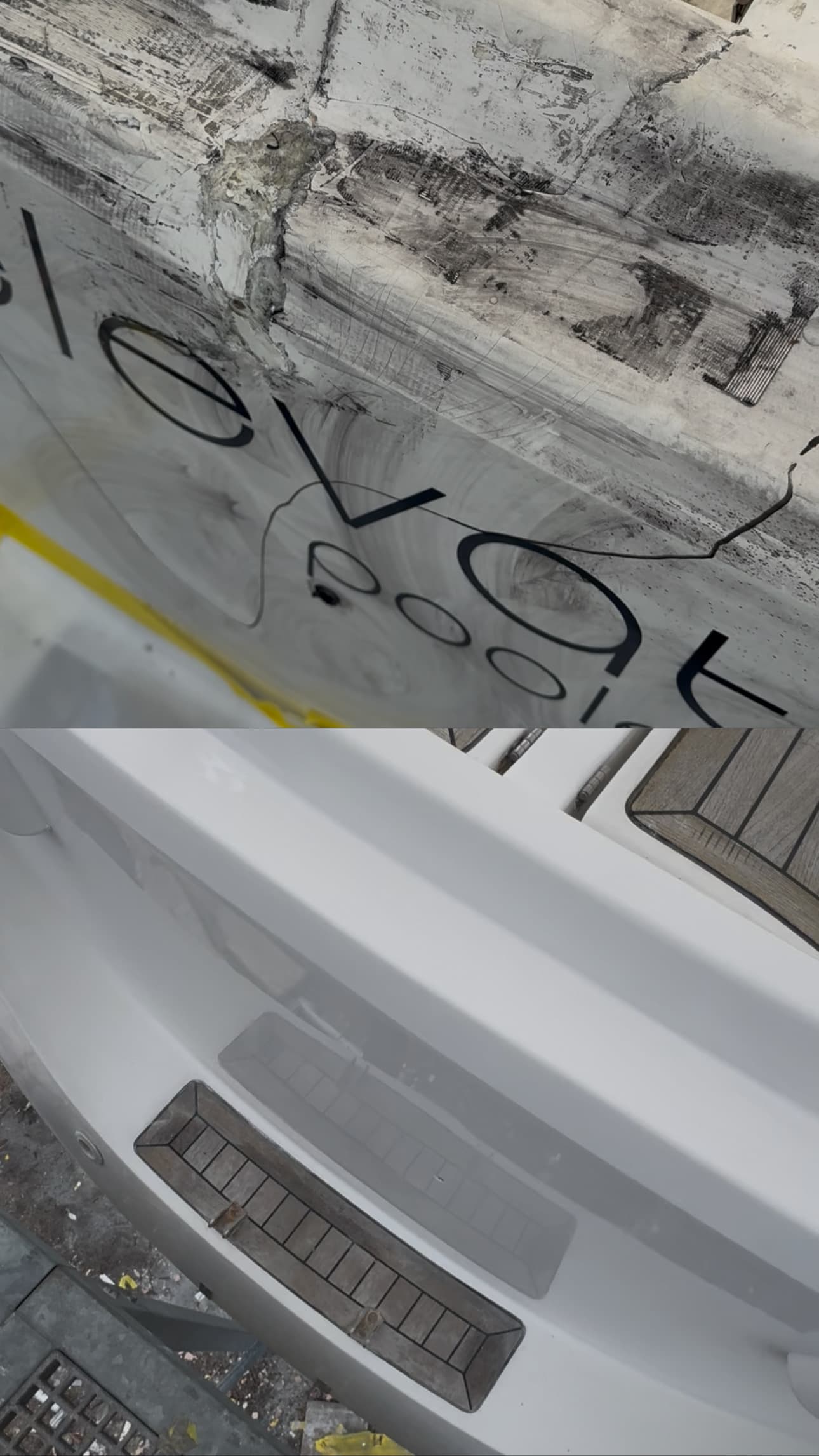 Before and after comparison of a damaged boat hull restored to a clean, polished finish.