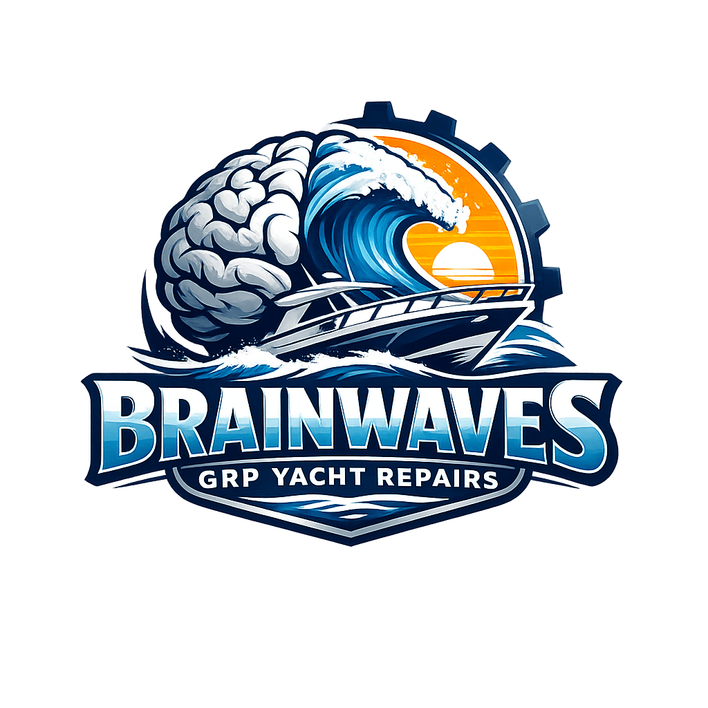 Brainwaves logo: brain merging with a wave, yacht, sun, and 'GRP YACHT REPAIRS'.