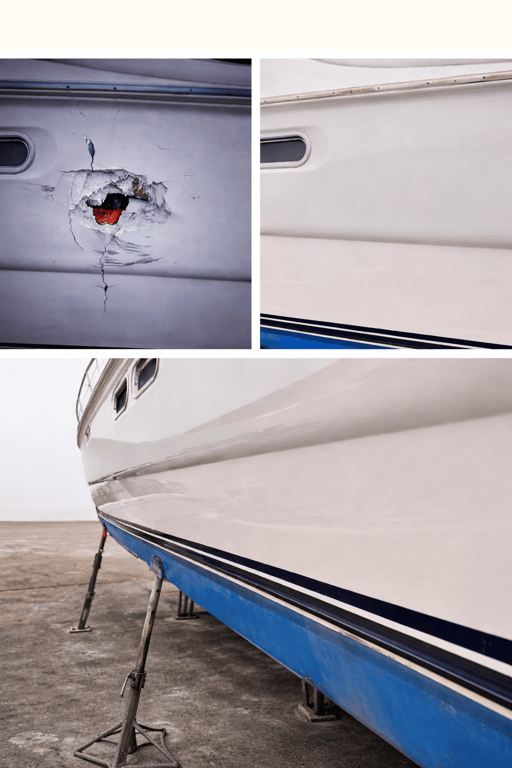 Before and after comparison of a major fiberglass repair on a white boat's hull.