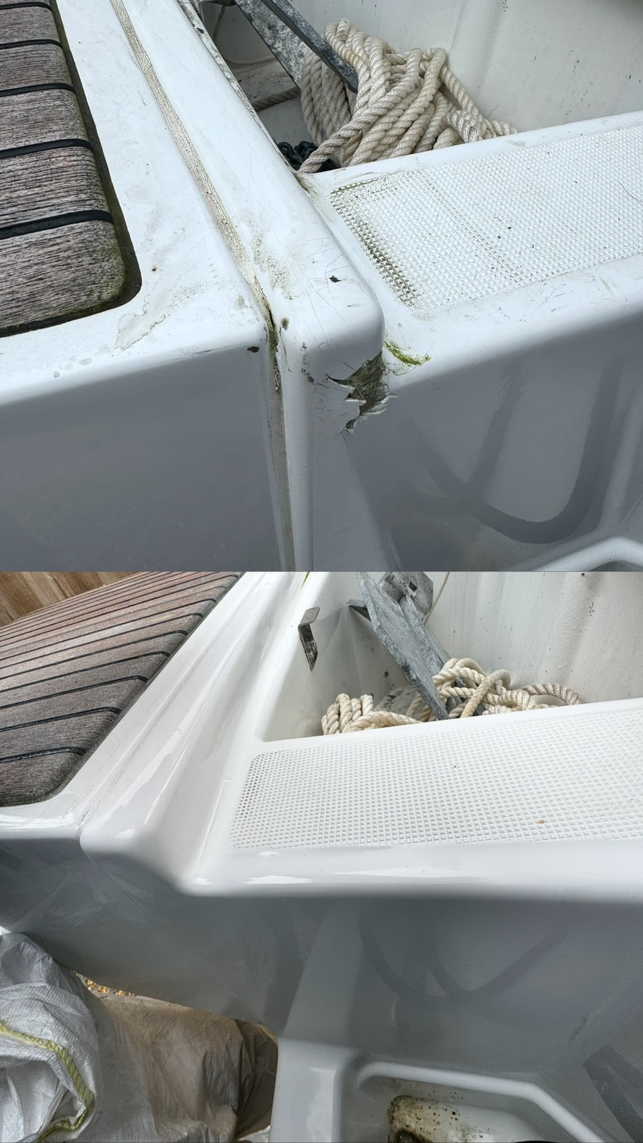 Before and after boat repair: damaged, dirty hull above; clean, smooth, restored below.
