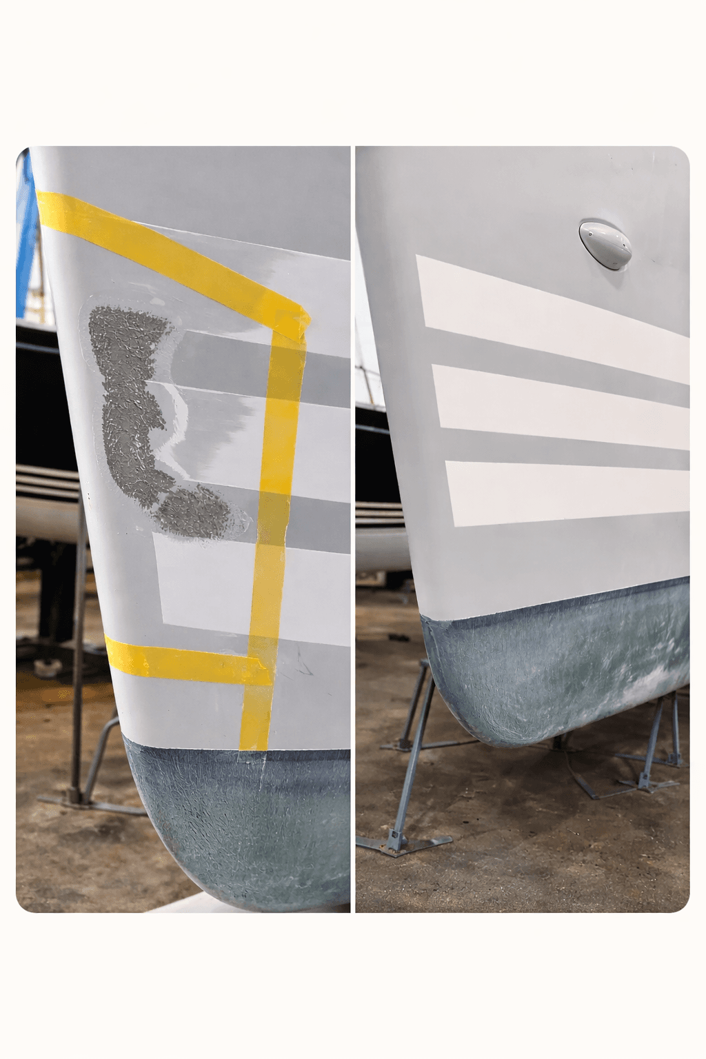Before and after comparison of a boat hull repair, showing restored grey paint and stripes.