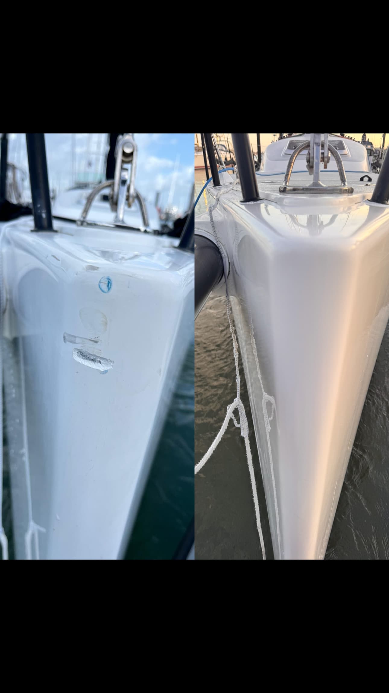 Before and after repair of a white boat hull, showing scratches and a smooth finish.
