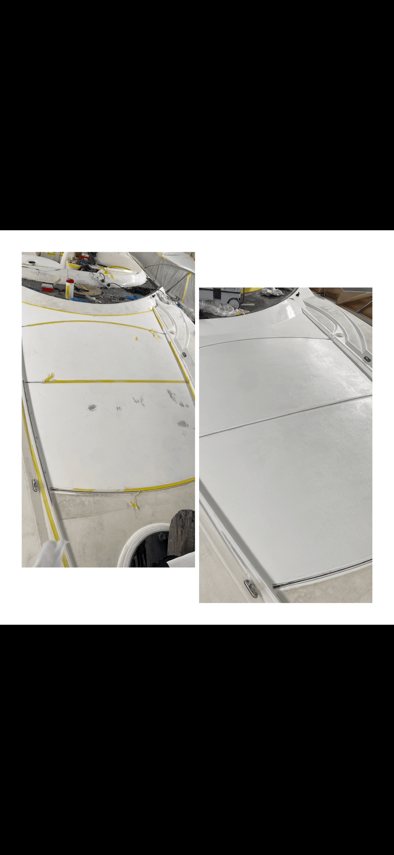 Before and after comparison of a scuffed white boat deck restored with fresh paint.