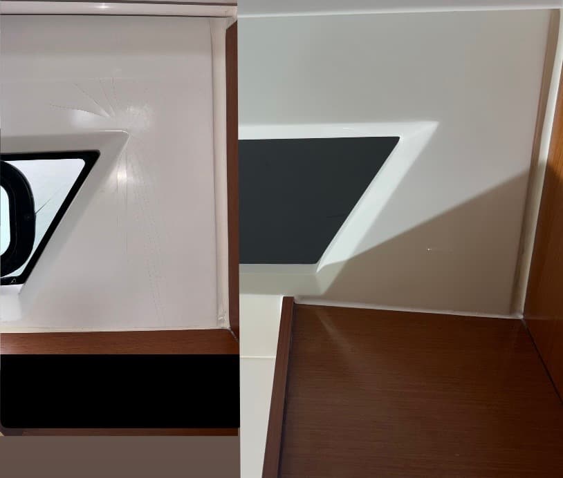 Side-by-side comparison of a spiderweb crack repair on a white boat interior wall.