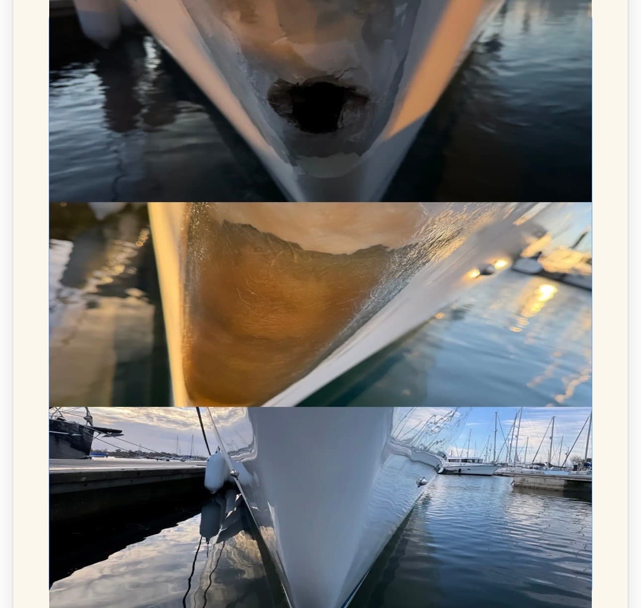 Three-part sequence showing a boat bow repair from initial damage to a smooth, polished hull.