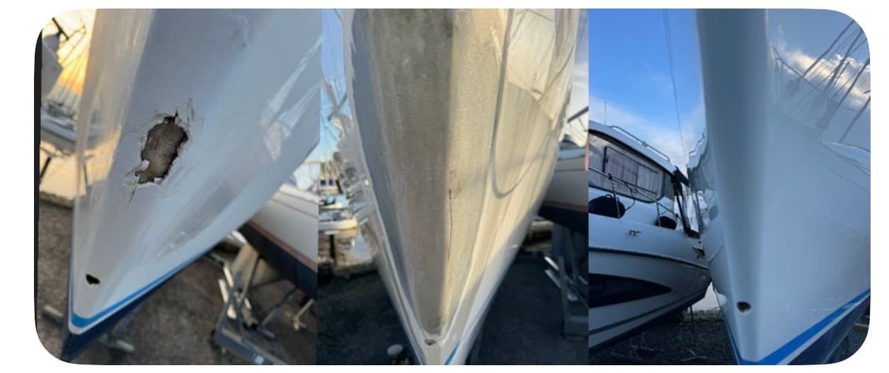Three-panel sequence showing a damaged white boat hull being repaired to a smooth finish.