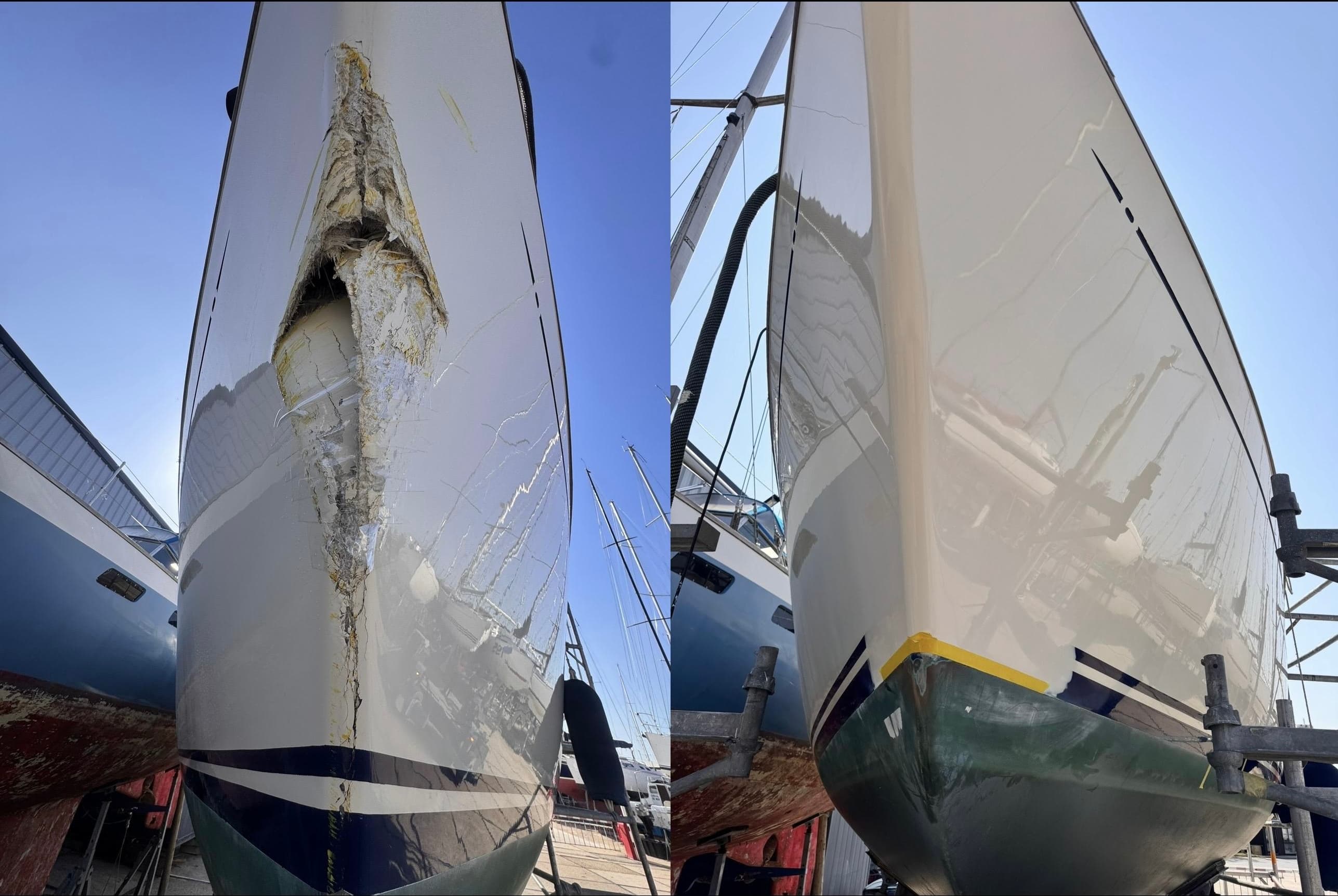 Sailboat bow with severe hull damage shown before and after a complete professional restoration.